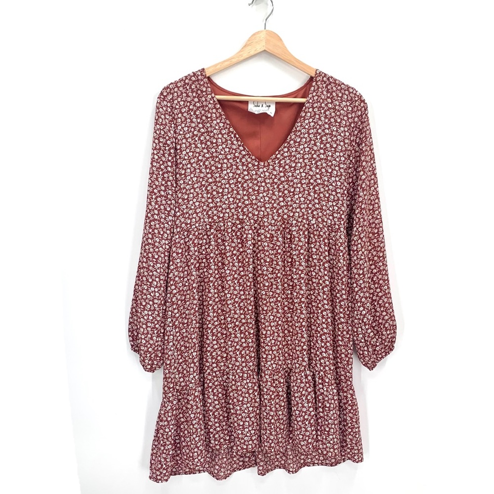Sadie & Sage Babydoll Long Sleeve V Neck Tunic Mini Dress XS Prairiecore Ditsy